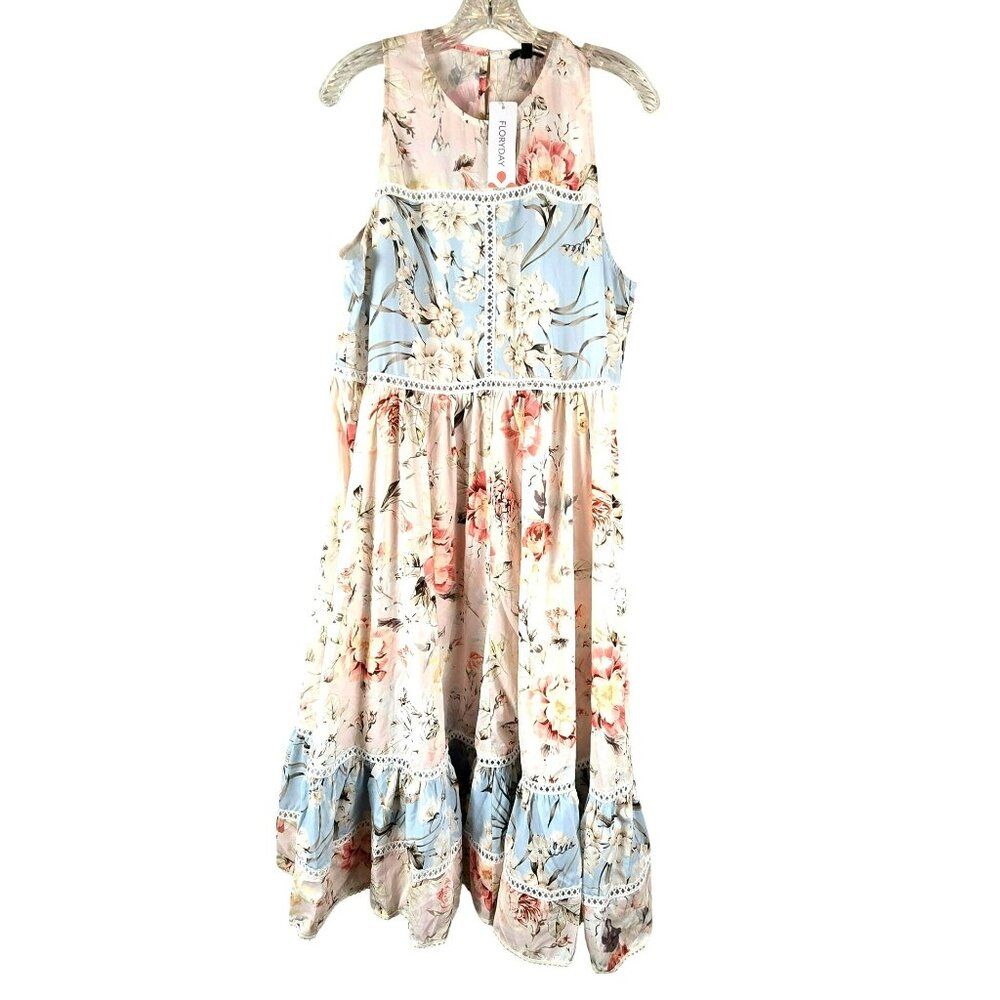Floral Sleeveless Maxi Dress Lace Trim By Floryday Peach Blue Size XL NWT JH1771